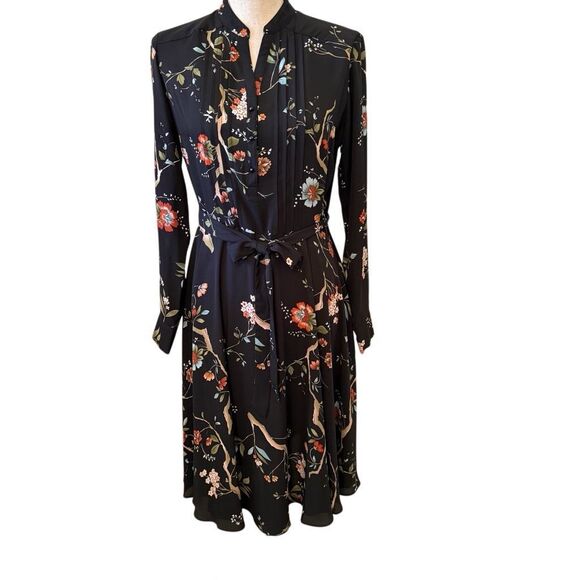 Nanette Lepore Blk Floral Print Pin Tucked Long Slv Dress Sz 4 Career, Occassion - Picture 2 of 14